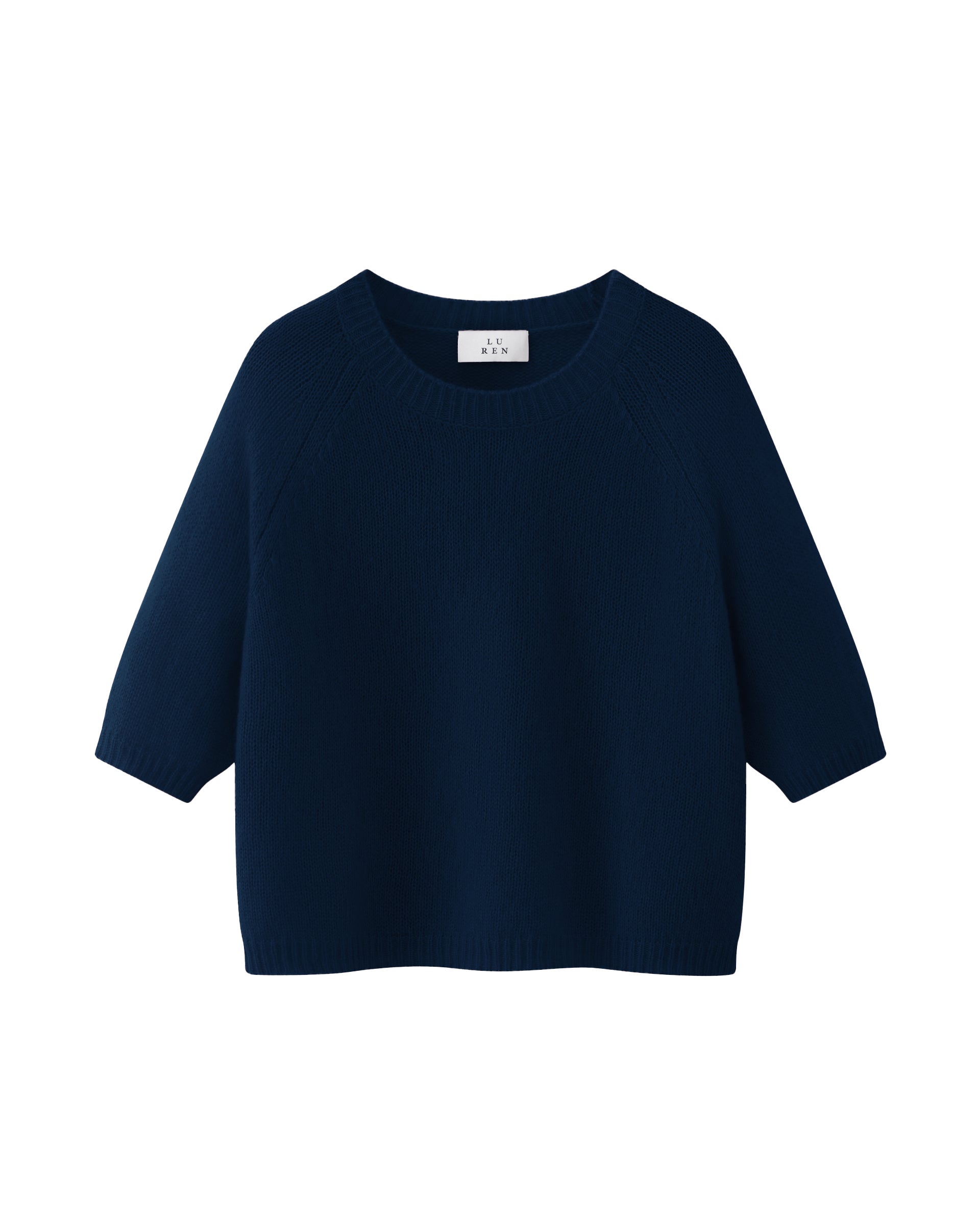 Damen Kurzarm-Pullover aus 75 % Kaschmir und 25 % Seide in french navy (dunkelblau) – mittelschwerer, glatt gestrickter Pullover in kastiger, kurzer und breiter Form mit Rundhalsausschnitt und Rippkragen, Raglan-Halbärmeln sowie Rippbündchen an Ärmeln und Saum