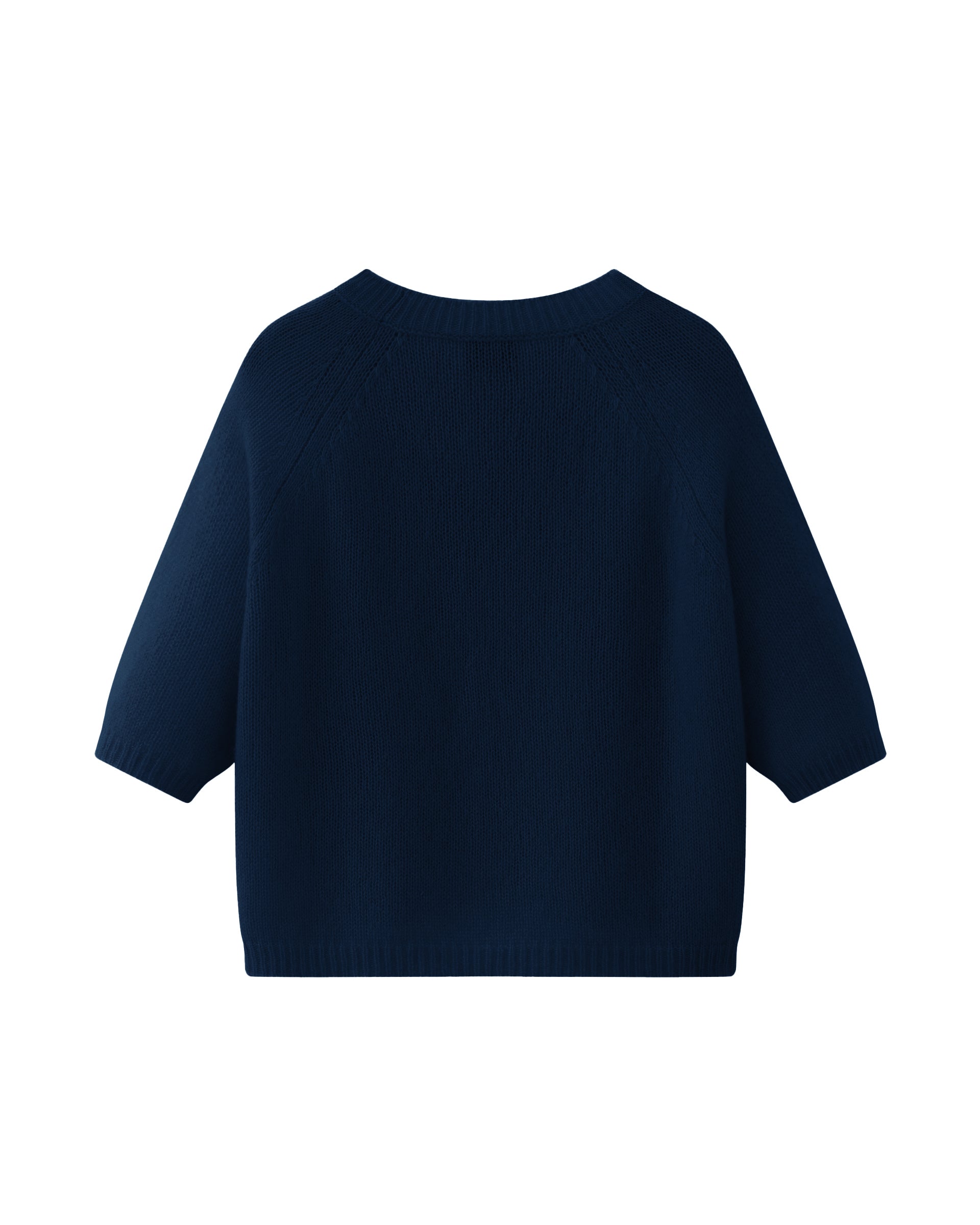 Damen Kurzarm-Pullover aus 75 % Kaschmir und 25 % Seide in french navy (dunkelblau) – mittelschwerer, glatt gestrickter Pullover in kastiger, kurzer und breiter Form mit Rundhalsausschnitt und Rippkragen, Raglan-Halbärmeln sowie Rippbündchen an Ärmeln und Saum