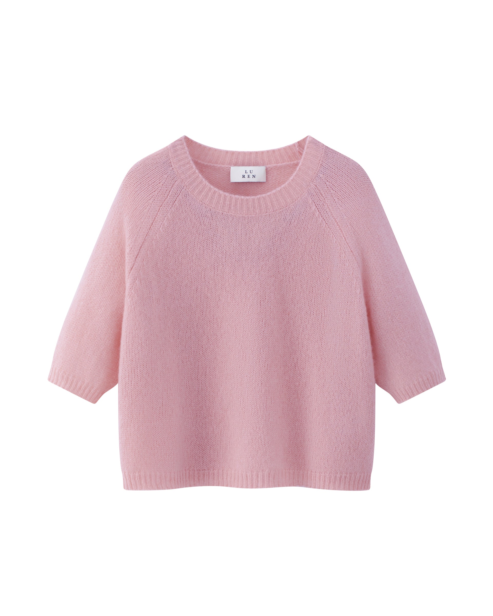 Damen Kurzarm-Pullover aus 75 % Kaschmir und 25 % Seide in light raspberry (rosa) – mittelschwerer, glatt gestrickter Pullover in kastiger, kurzer und breiter Form mit Rundhalsausschnitt und Rippkragen, Raglan-Halbärmeln sowie Rippbündchen an Ärmeln und Saum