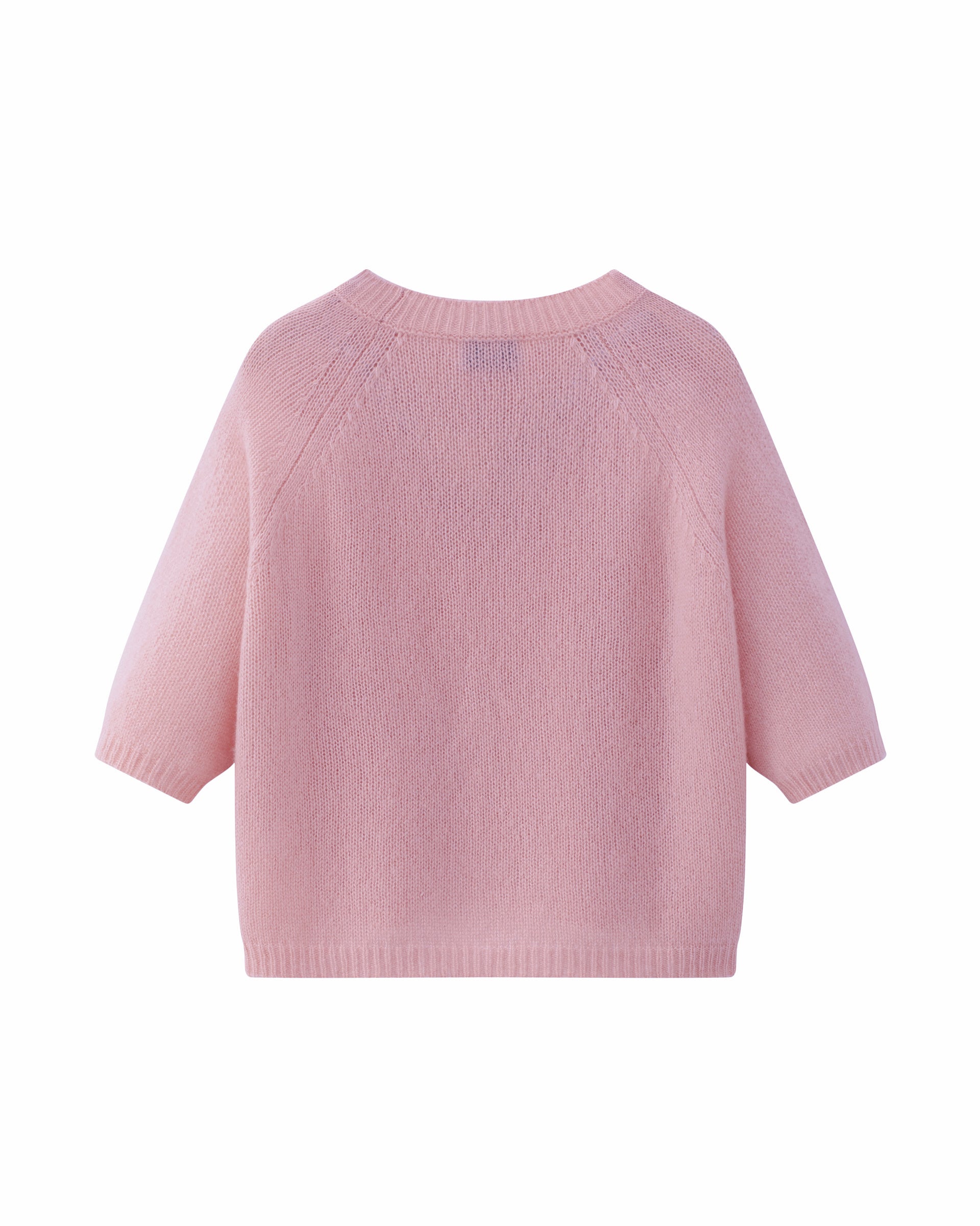 Damen Kurzarm-Pullover aus 75 % Kaschmir und 25 % Seide in light raspberry (rosa) – mittelschwerer, glatt gestrickter Pullover in kastiger, kurzer und breiter Form mit Rundhalsausschnitt und Rippkragen, Raglan-Halbärmeln sowie Rippbündchen an Ärmeln und Saum