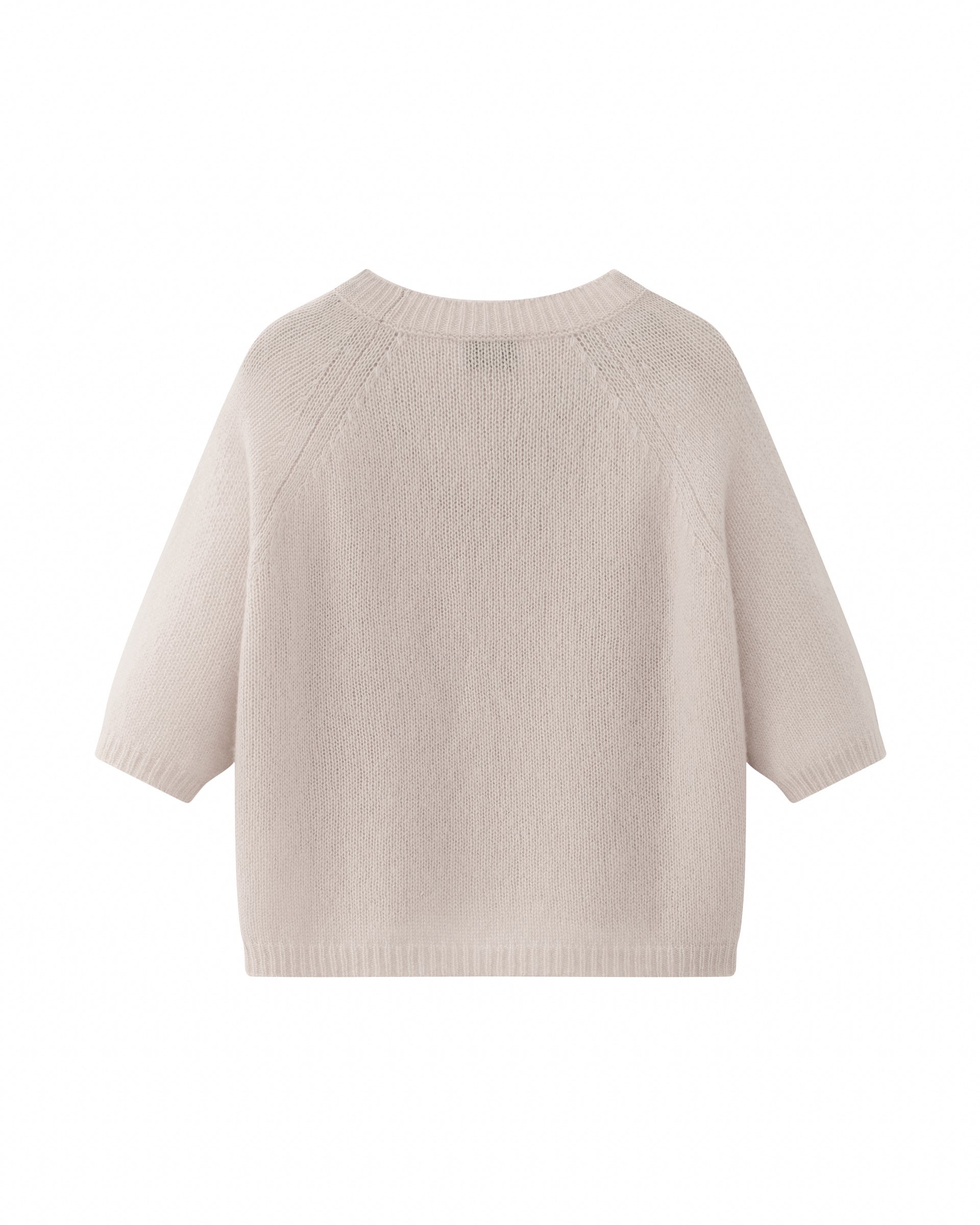 Damen Kurzarm-Pullover aus 75 % Kaschmir und 25 % Seide in misty pink (hellrosa) – mittelschwerer, glatt gestrickter Pullover in kastiger, kurzer und breiter Form mit Rundhalsausschnitt und Rippkragen, Raglan-Halbärmeln sowie Rippbündchen an Ärmeln und Saum