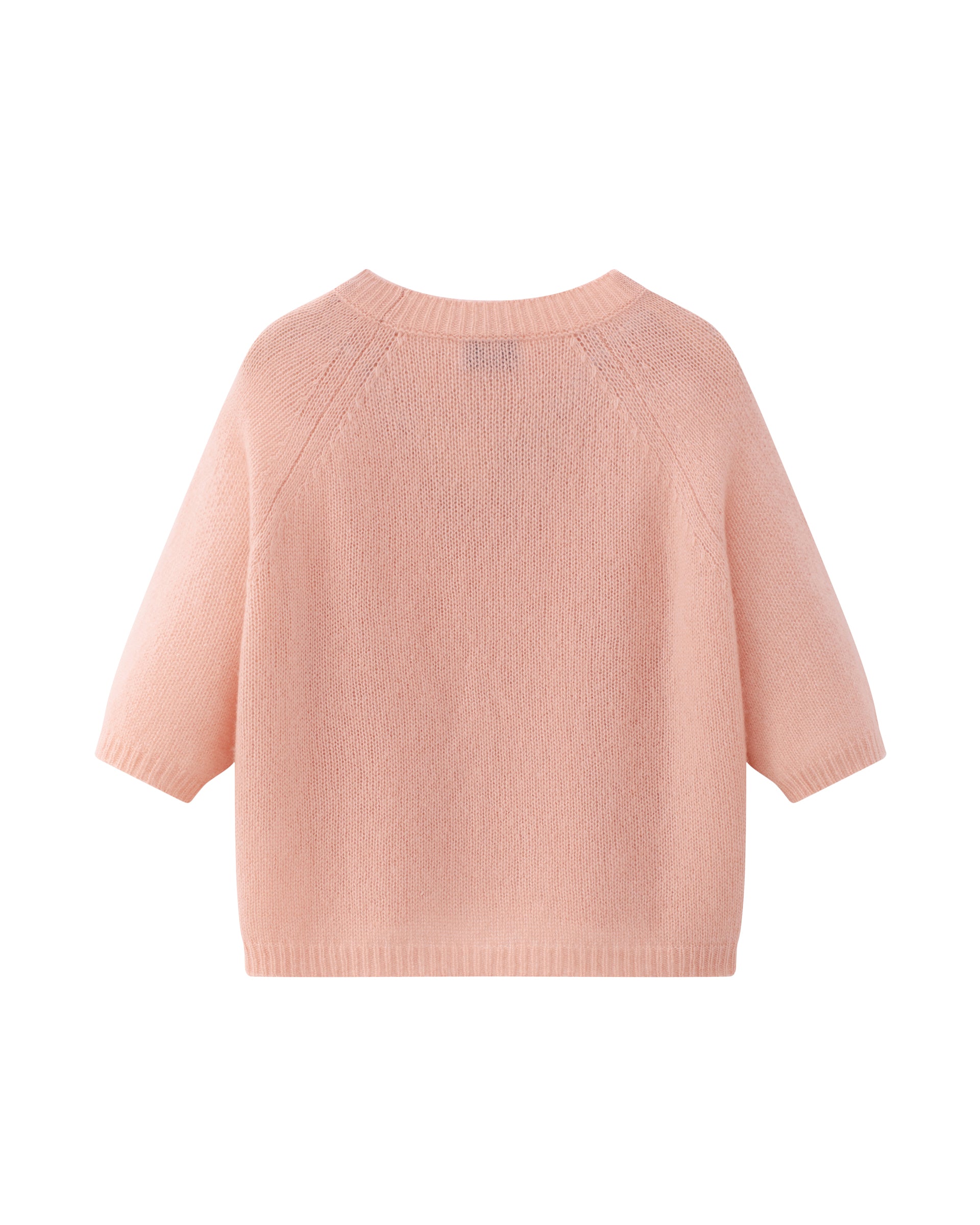 Damen Kurzarm-Pullover aus 75 % Kaschmir und 25 % Seide in orange blush (pfirsich) – mittelschwerer, glatt gestrickter Pullover in kastiger, kurzer und breiter Form mit Rundhalsausschnitt und Rippkragen, Raglan-Halbärmeln sowie Rippbündchen an Ärmeln und Saum