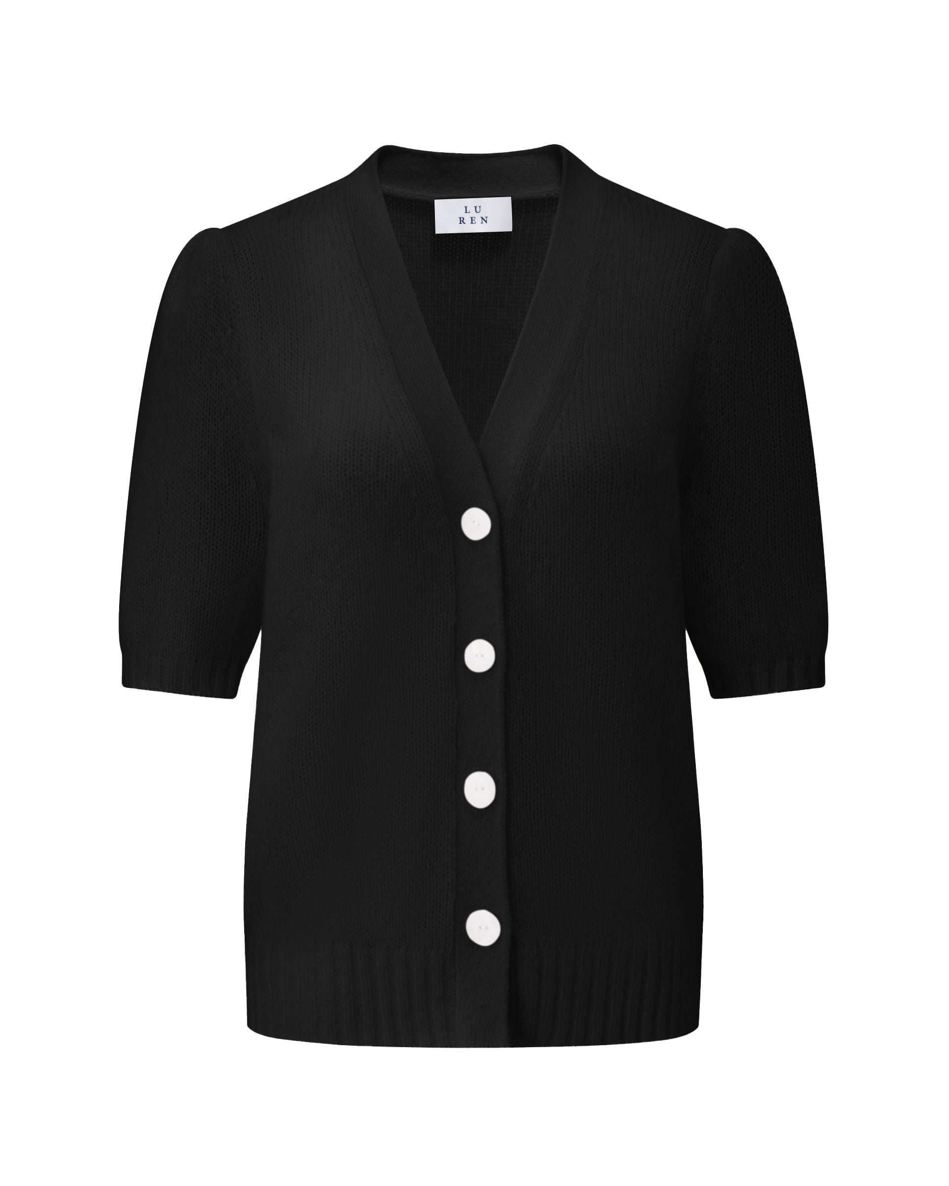 Damen Kurzarm-Jacket aus 75 % Kaschmir und 25 % Seide in black (schwarz) – mittelschwerer, glatt gestrickter Style in körperbetonter Passform mit Knopfleiste aus Kunststoff, klassischer Schulter, leichten Puff-Halbärmeln sowie Rippbündchen und hohem Ripp-Saum