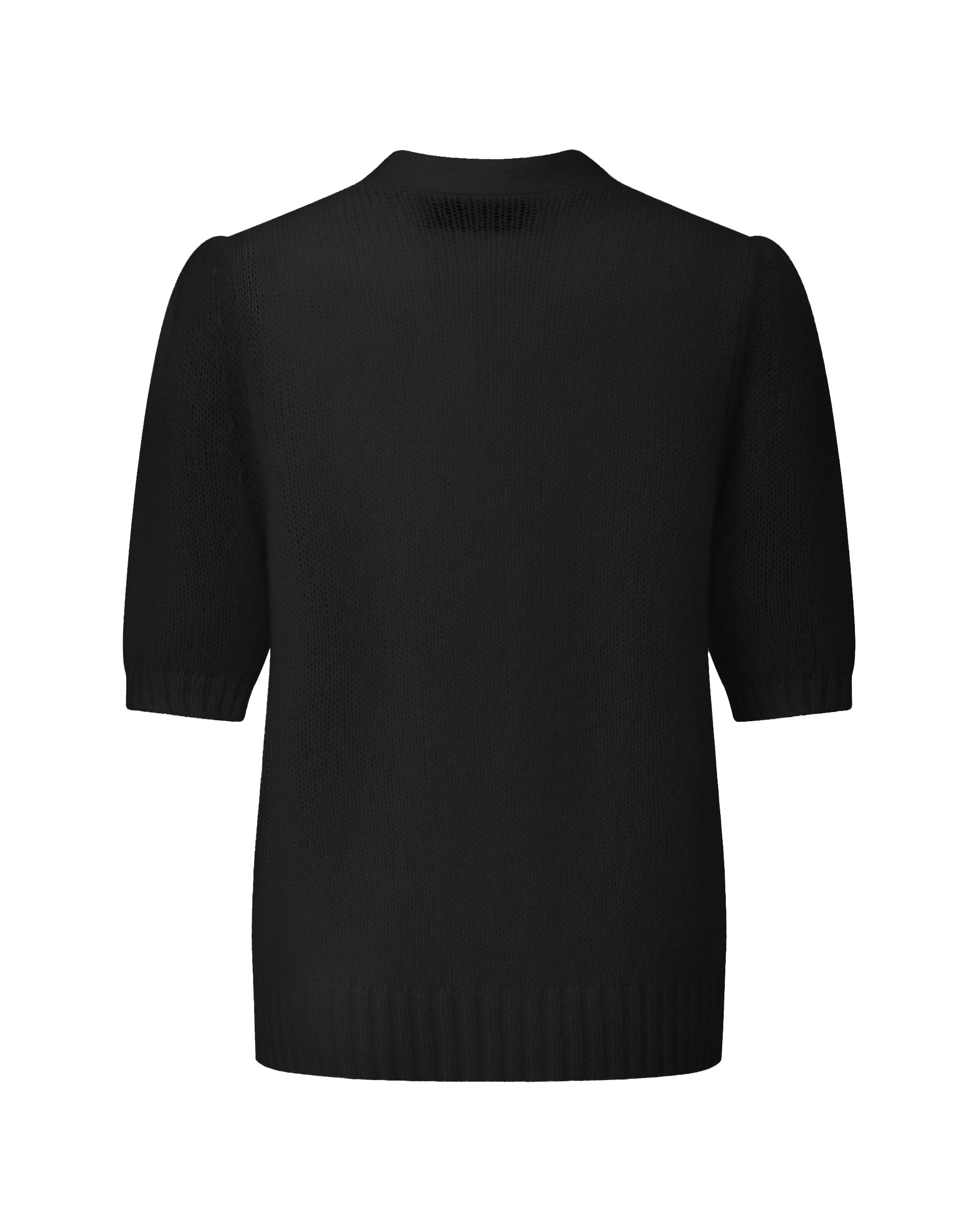 Damen Kurzarm-Jacket aus 75 % Kaschmir und 25 % Seide in black (schwarz) – mittelschwerer, glatt gestrickter Style in körperbetonter Passform mit Knopfleiste aus Kunststoff, klassischer Schulter, leichten Puff-Halbärmeln sowie Rippbündchen und hohem Ripp-Saum