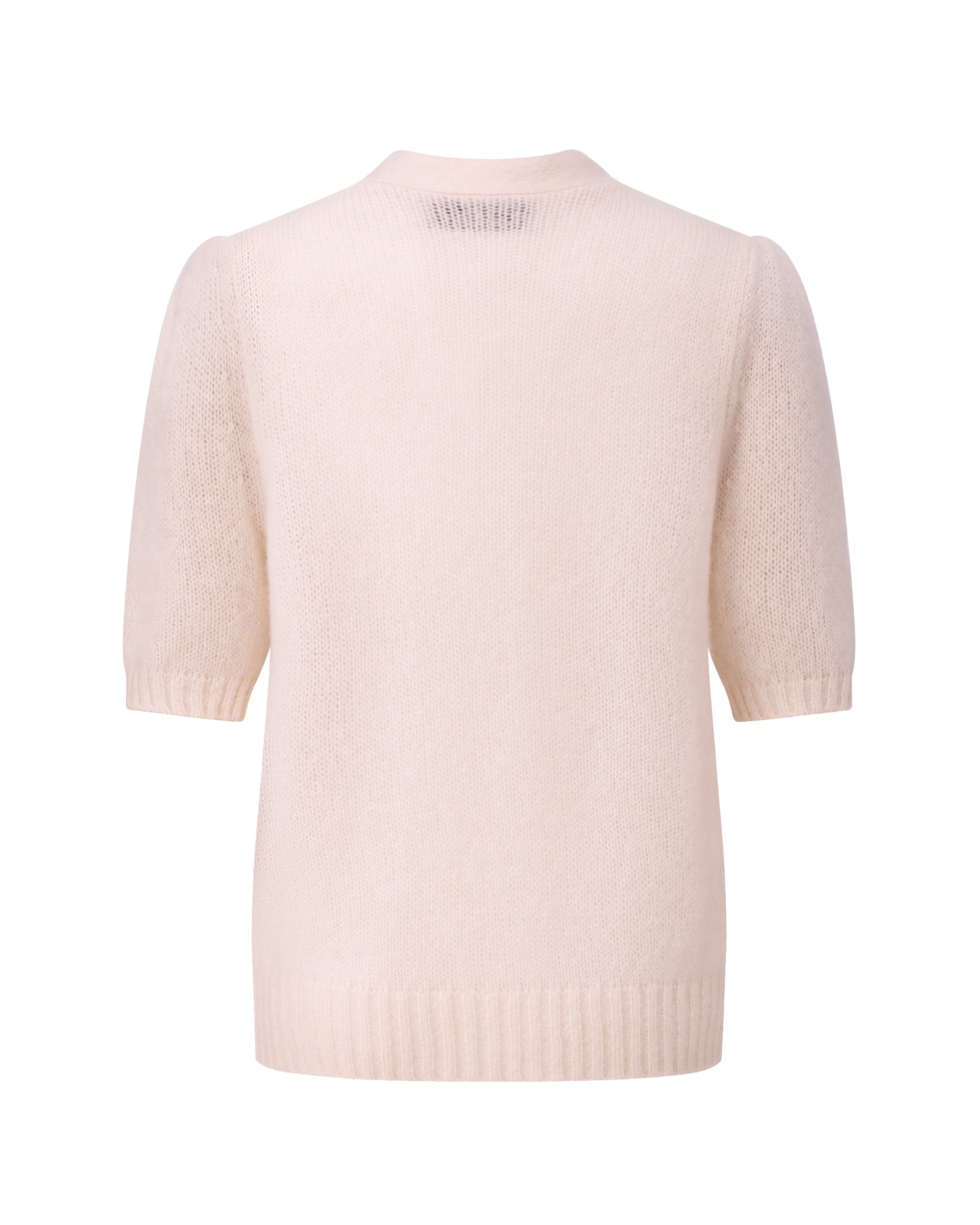 Damen Kurzarm-Jacket aus 75 % Kaschmir und 25 % Seide in cherry blossom (hellorange) – mittelschwerer, glatt gestrickter Style in körperbetonter Passform mit Knopfleiste aus Kunststoff, klassischer Schulter, leichten Puff-Halbärmeln sowie Rippbündchen und hohem Ripp-Saum