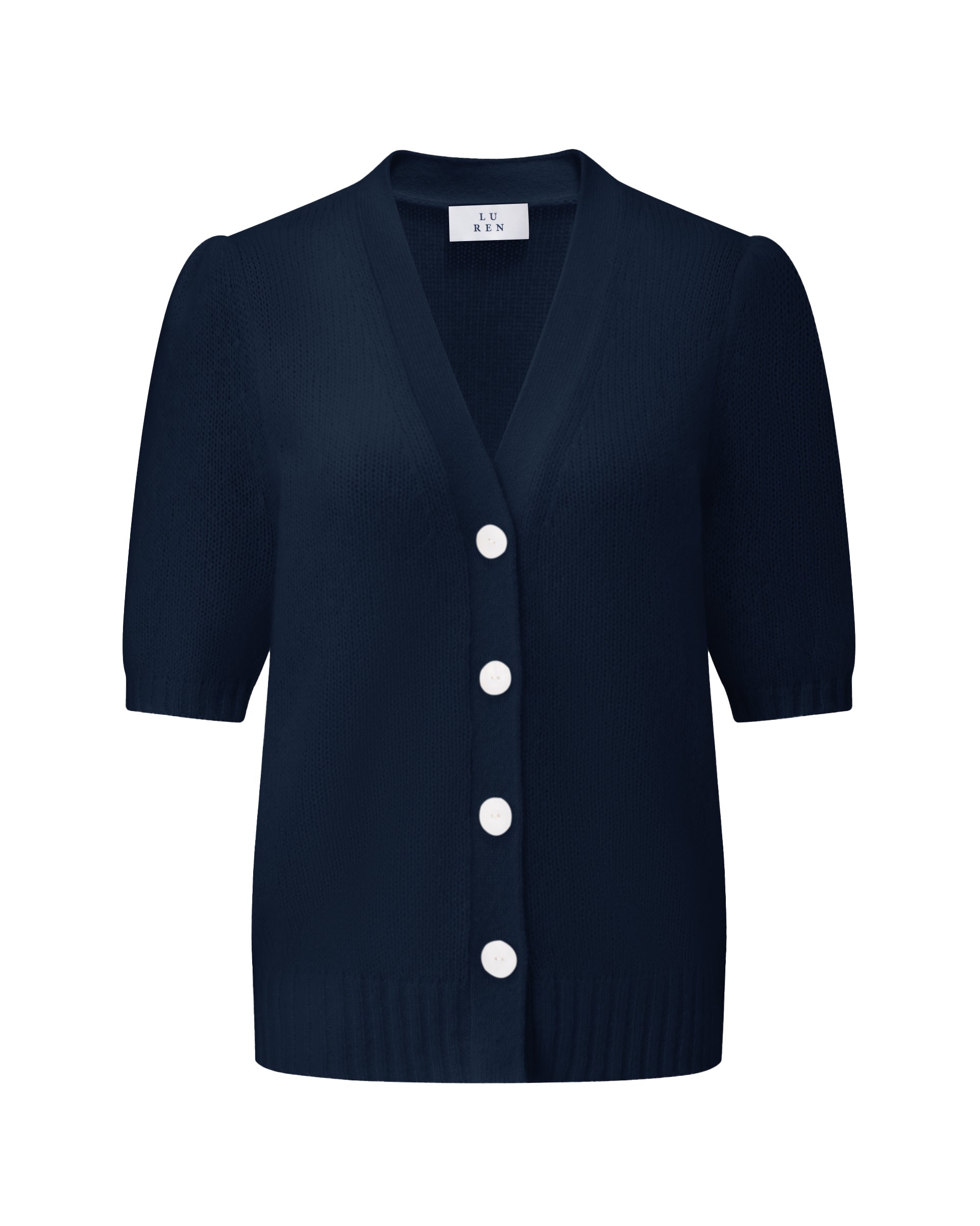Damen Kurzarm-Jacket aus 75 % Kaschmir und 25 % Seide in french navy (dunkelblau) – mittelschwerer, glatt gestrickter Style in körperbetonter Passform mit Knopfleiste aus Kunststoff, klassischer Schulter, leichten Puff-Halbärmeln sowie Rippbündchen und hohem Ripp-Saum