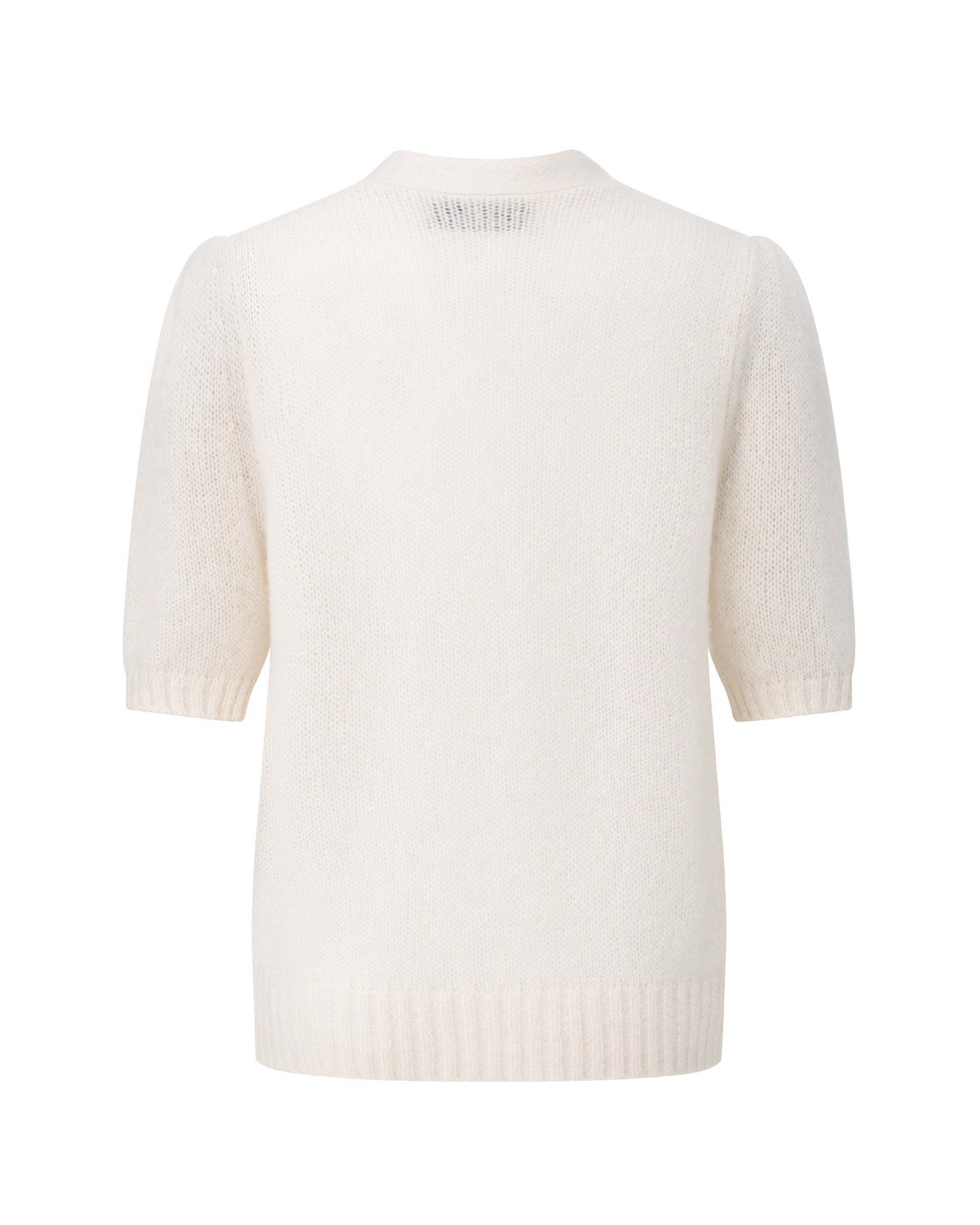 Damen Kurzarm-Jacket aus 75 % Kaschmir und 25 % Seide in ivory (cremeweiß) – mittelschwerer, glatt gestrickter Style in körperbetonter Passform mit Knopfleiste aus Kunststoff, klassischer Schulter, leichten Puff-Halbärmeln sowie Rippbündchen und hohem Ripp-Saum