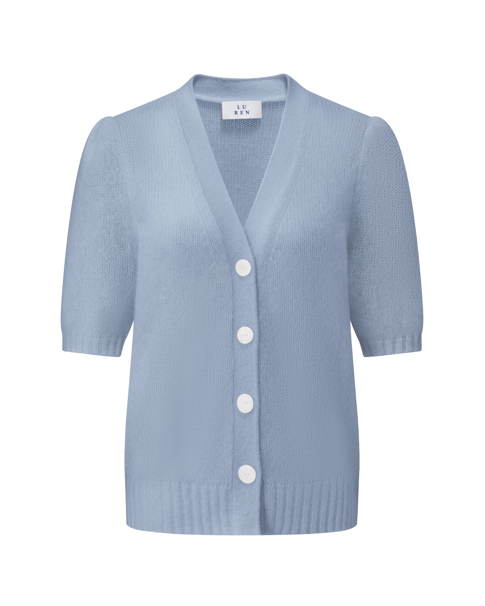 Damen Kurzarm-Jacket aus 75 % Kaschmir und 25 % Seide in sky blue (blau) – mittelschwerer, glatt gestrickter Style in körperbetonter Passform mit Knopfleiste aus Kunststoff, klassischer Schulter, leichten Puff-Halbärmeln sowie Rippbündchen und hohem Ripp-Saum