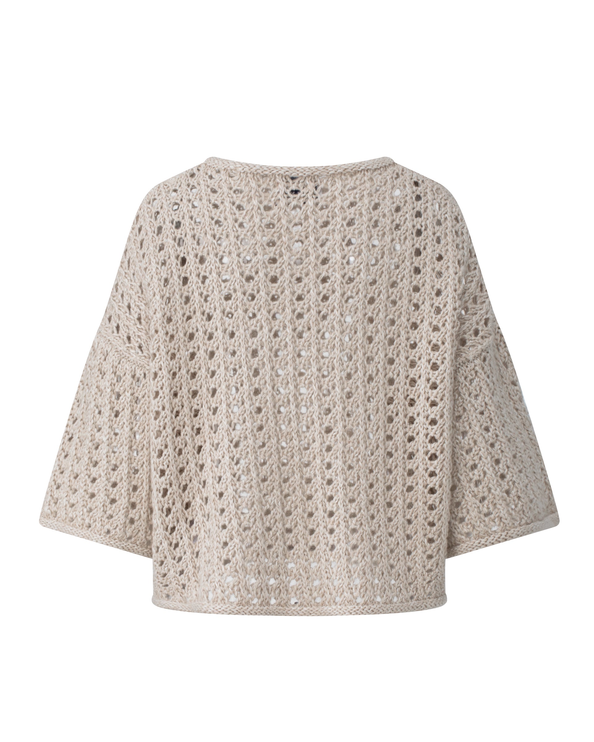 Damen Kurzarm-Pullover in barley (hellbeige) aus 63 % Leinen und 37 % Kaschmir – grob gestrickter Ajour-Pullover in kastiger, kurzer und breiter Form mit großem Halsausschnitt mit Rollsaum, überschnittener Schulter, weitem Halbarm sowie Rollsaum an Ärmeln und Saum