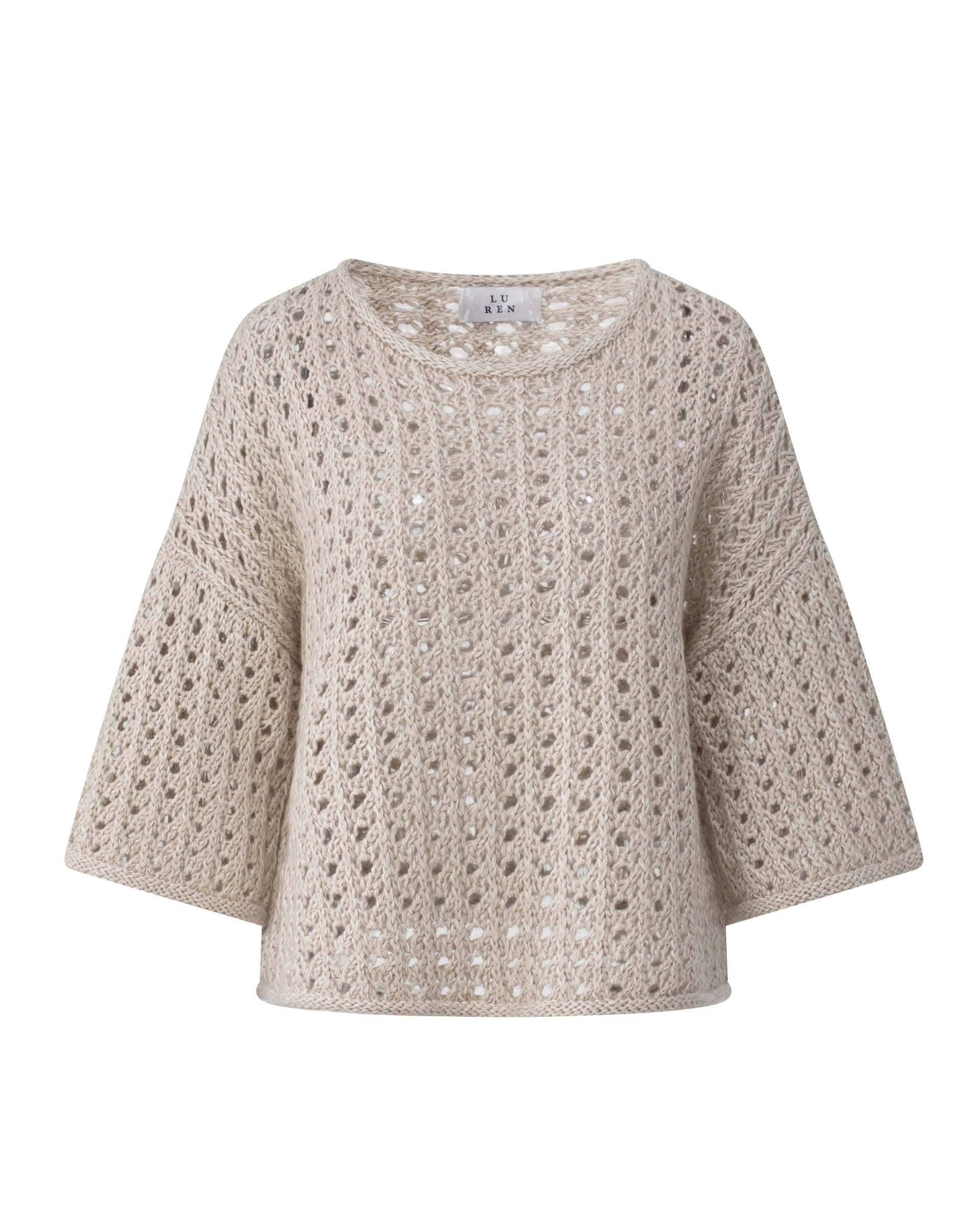 Damen Kurzarm-Pullover in barley (hellbeige) aus 63 % Leinen und 37 % Kaschmir – grob gestrickter Ajour-Pullover in kastiger, kurzer und breiter Form mit großem Halsausschnitt mit Rollsaum, überschnittener Schulter, weitem Halbarm sowie Rollsaum an Ärmeln und Saum