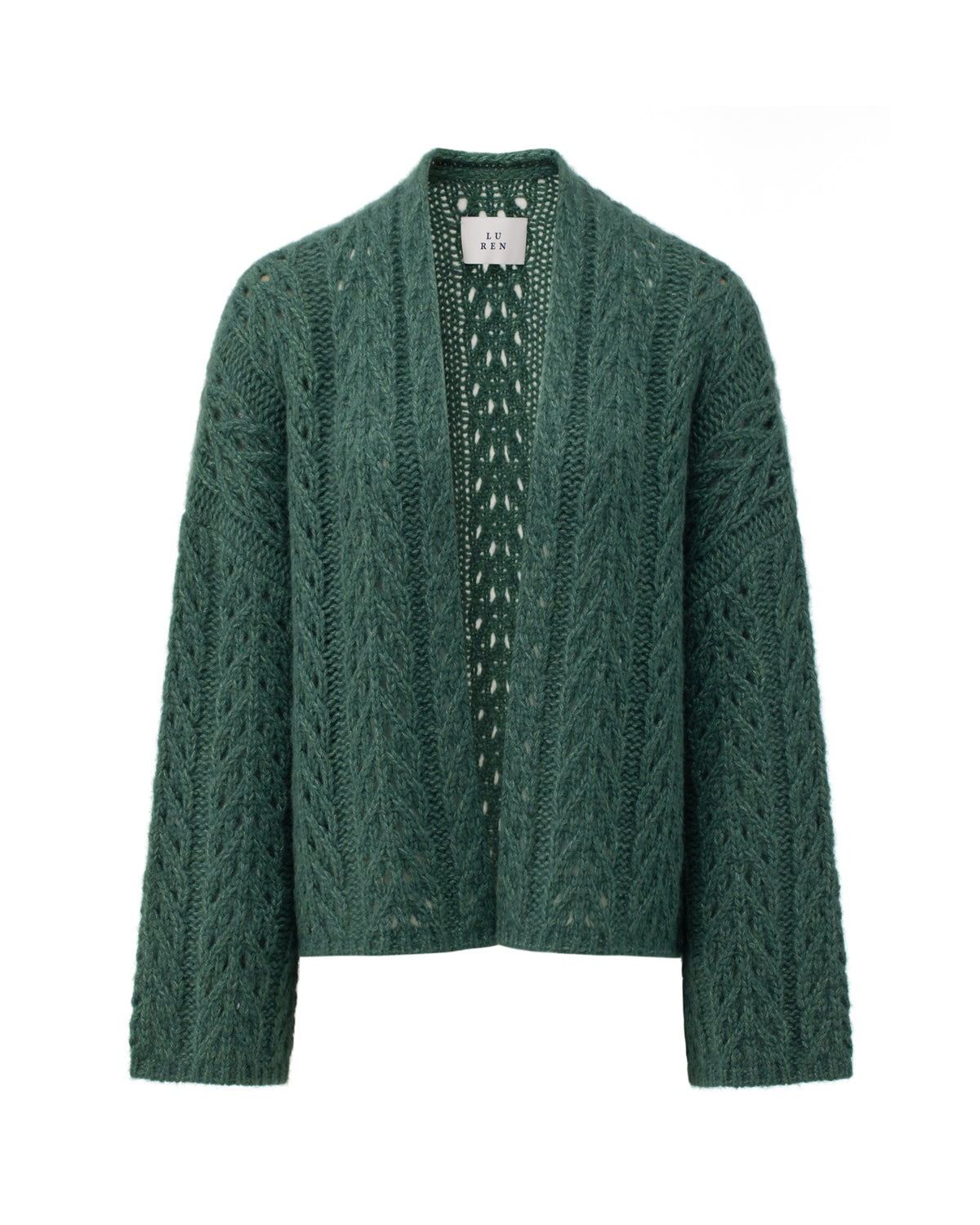 Damen Cardigan aus 75% Kaschmir, 25% Seide in Emerald – Cardigan aus Grobstrick mit Zopfmuster, offen fallender Vorderseite, überschnittenen Schultern und langen, relaxten Ärmeln.