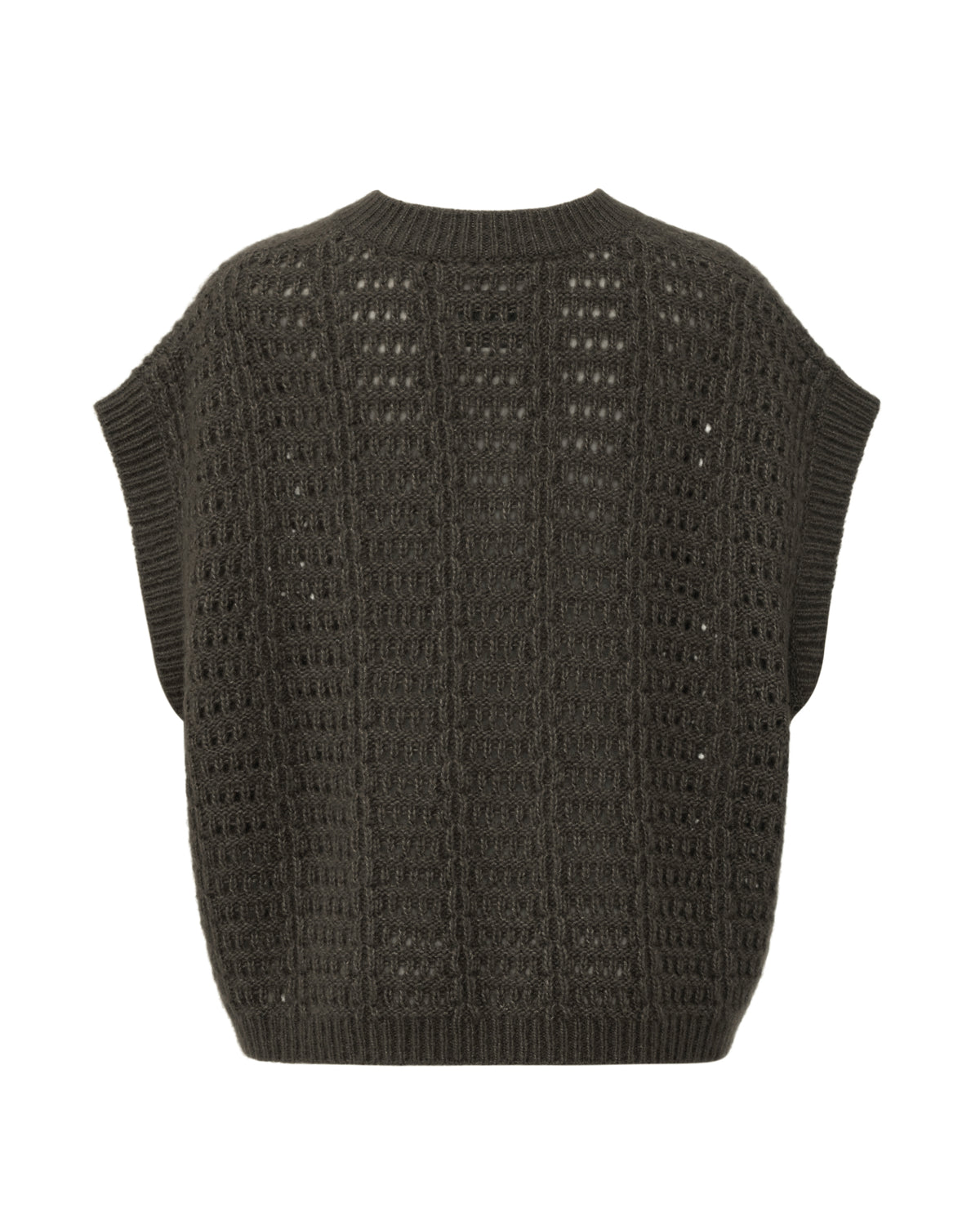 Damen Pullunder aus 75 % Kaschmir und 25 % Seide in Black Forest – Pullover mit Lochstrickmuster in mittelschwerer, leicht transparenter Strickqualität und oversized Passform mit breiter, kurzer Silhouette. Das Modell verfügt über einen großen V-Ausschnitt mit Kragen in Rippstruktur. Ärmelbündchen und Saum sind in Rippstruktur gearbeitet und verleihen dem Design einen modernen, lässigen Look.
