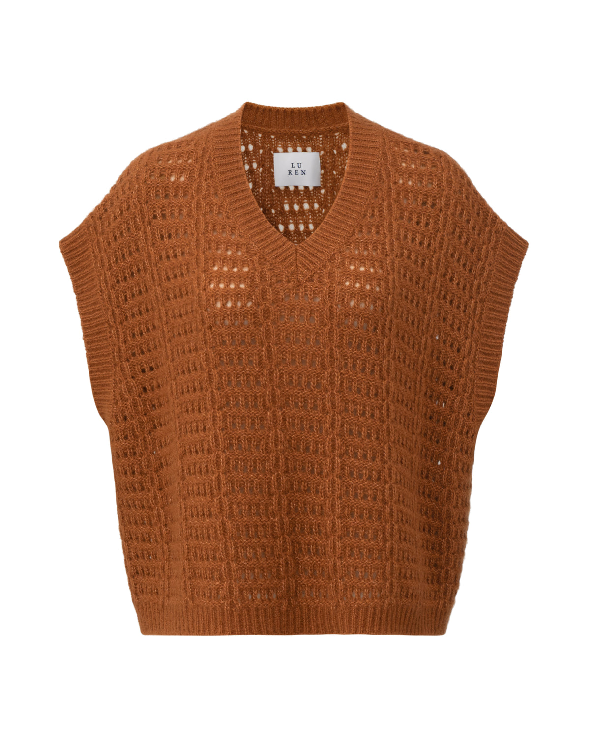 Damen Pullunder aus 75 % Kaschmir und 25 % Seide in Bronze – Pullover mit Lochstrickmuster in mittelschwerer, leicht transparenter Strickqualität und oversized Passform mit breiter, kurzer Silhouette. Das Modell verfügt über einen großen V-Ausschnitt mit Kragen in Rippstruktur. Ärmelbündchen und Saum sind in Rippstruktur gearbeitet und verleihen dem Design einen modernen, lässigen Look.