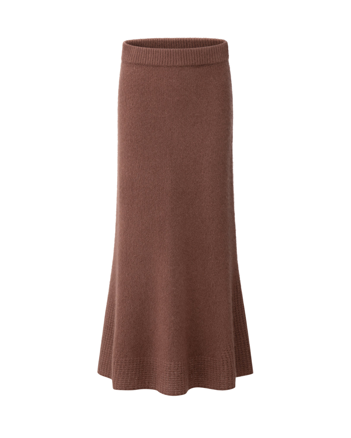 Damen Strickrock aus 75 % Kaschmir und 25 % Seide in Maple – glatt gestrickter Rock in grober Strickqualität mit strukturiertem, grafischem Strickmuster am Saum. Das Modell in figurbetonter A-Linie verfügt über eine Midi-Länge sowie einen Taillenbund mit Gummizug und verbindet zeitlose Eleganz mit modernem Tragekomfort.
