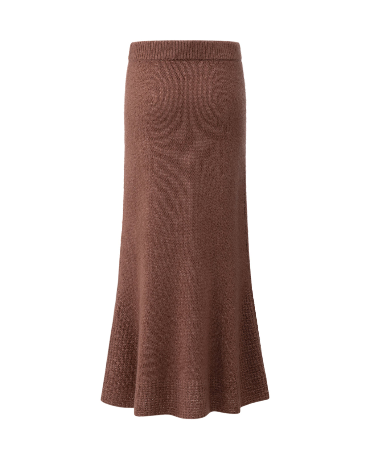 Damen Strickrock aus 75 % Kaschmir und 25 % Seide in Maple – glatt gestrickter Rock in grober Strickqualität mit strukturiertem, grafischem Strickmuster am Saum. Das Modell in figurbetonter A-Linie verfügt über eine Midi-Länge sowie einen Taillenbund mit Gummizug und verbindet zeitlose Eleganz mit modernem Tragekomfort.
