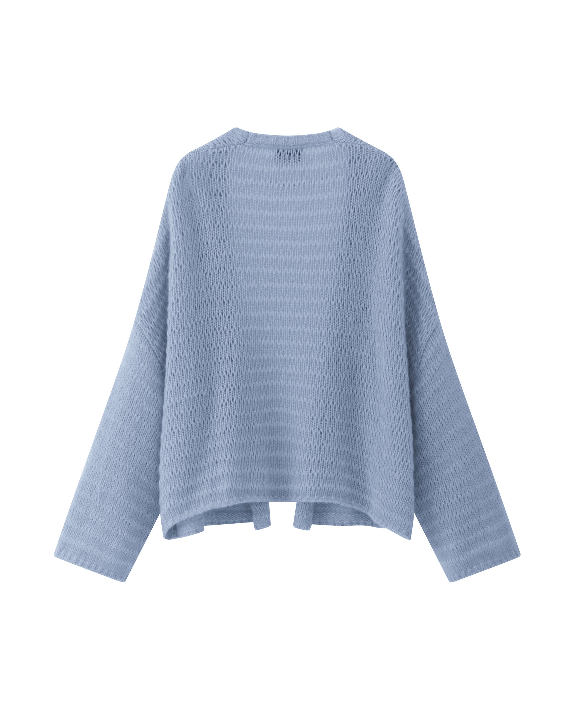 Damen Jacket aus 75 % Kaschmir und 25 % Seide in sky blue (blau) – glatt gestrickter Pullover in Streifenoptik mit oversized Passform, überschnittener Schulter, langen weiten Ärmeln, kleinen Rippbündchen an Ärmeln und Saum sowie einem verdeckten Kunststoffknopf