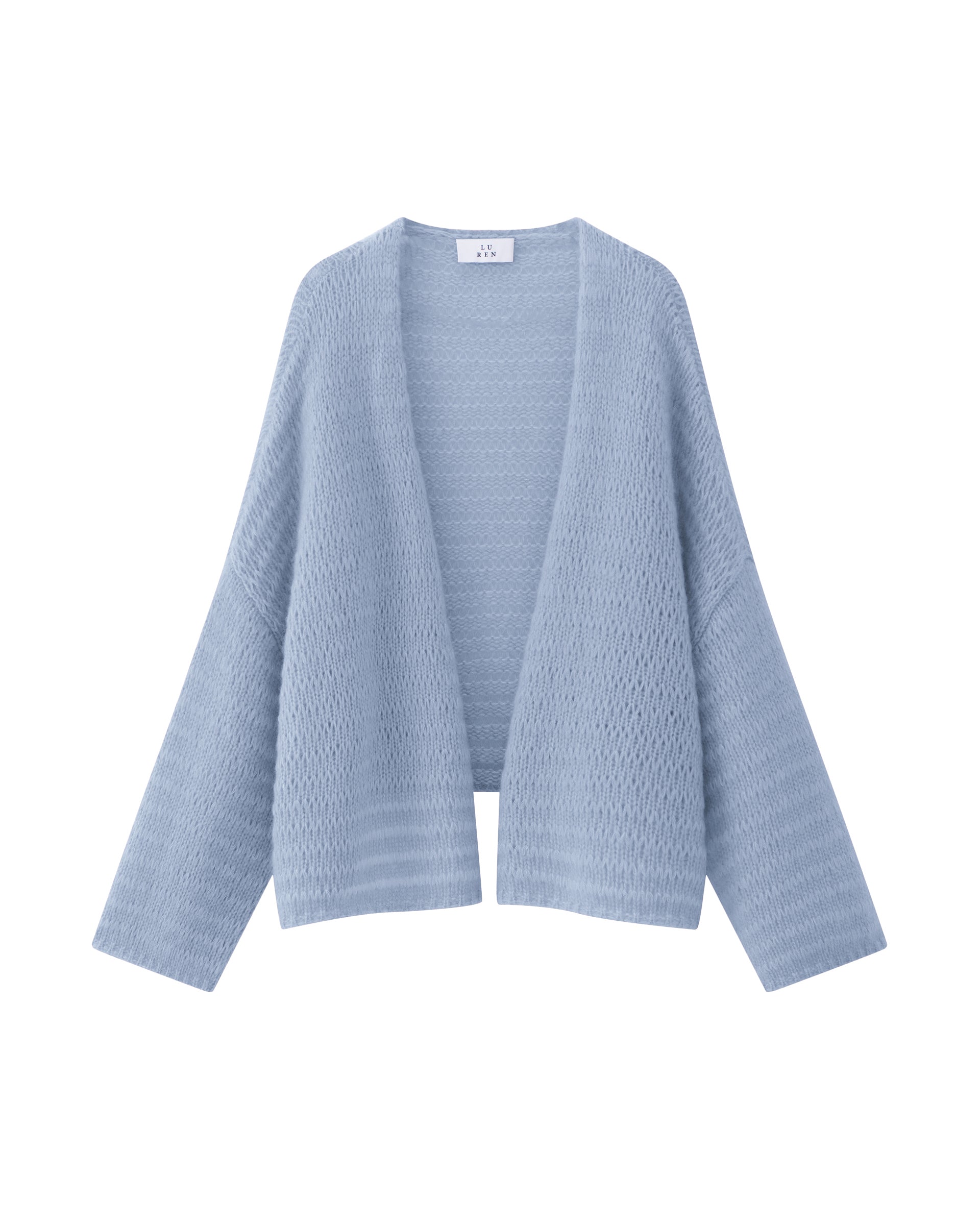 Damen Jacket aus 75 % Kaschmir und 25 % Seide in sky blue (blau) – glatt gestrickter Pullover in Streifenoptik mit oversized Passform, überschnittener Schulter, langen weiten Ärmeln, kleinen Rippbündchen an Ärmeln und Saum sowie einem verdeckten Kunststoffknopf