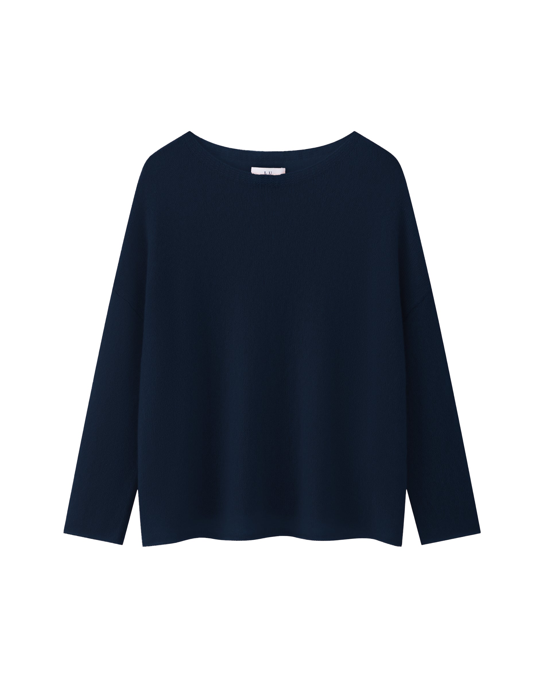 Damen Pullover aus 75 % Kaschmir und 25 % Seide in french navy (dunkelblau) – leichter, luftiger, glatt gestrickter Pullover in langem Oversized-Style mit großem Halsausschnitt und links gestricktem Kragen, überschnittener Schulter sowie langen, relaxten Ärmeln