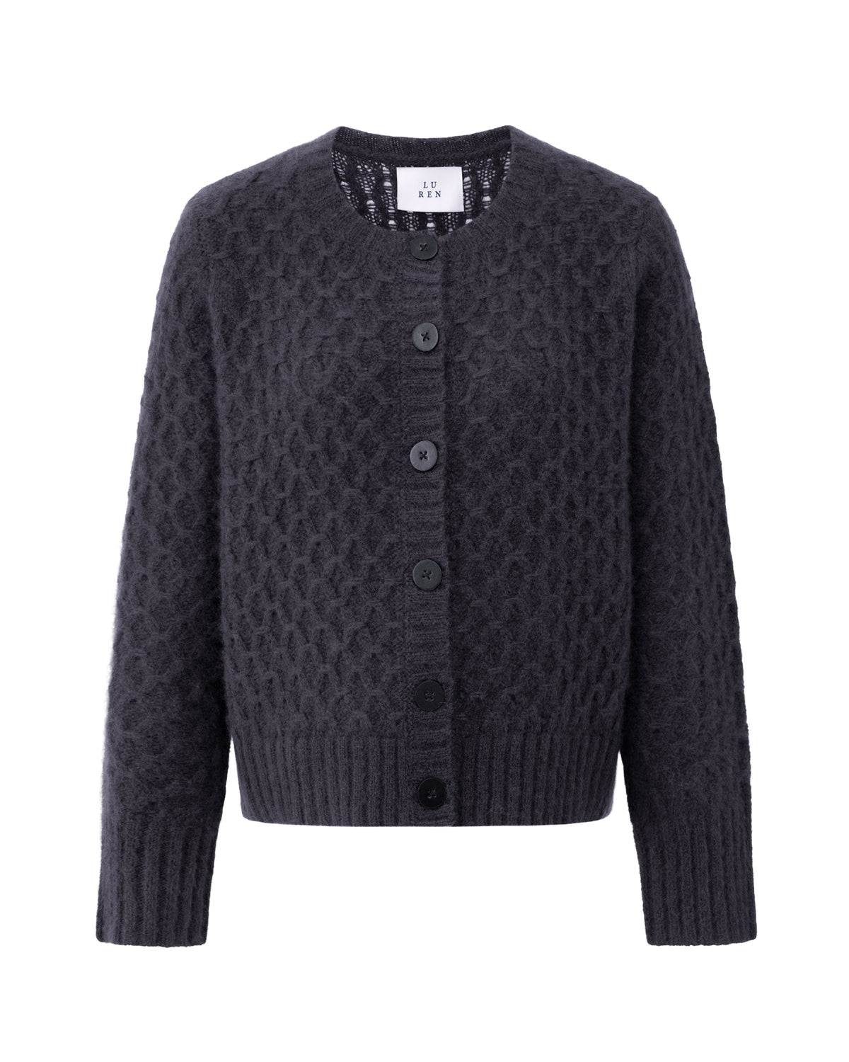 Damen Cardigan aus 75 % Kaschmir und 25 % Seide in Graphite Grey – Cardigan mit grafischem Zopfstrickmuster in mittelschwerer Qualität mit körperbetonter, gerader Passform, Rundhalsausschnitt mit Kragen in Rippstruktur sowie klassischer Schulterform und langen, schmalen Ärmeln. Ärmelbündchen und Saum sind in Rippstruktur gearbeitet. Eine gerippte Knopfleiste mit Knöpfen aus waschbarem Leder rundet das Design stilvoll ab.