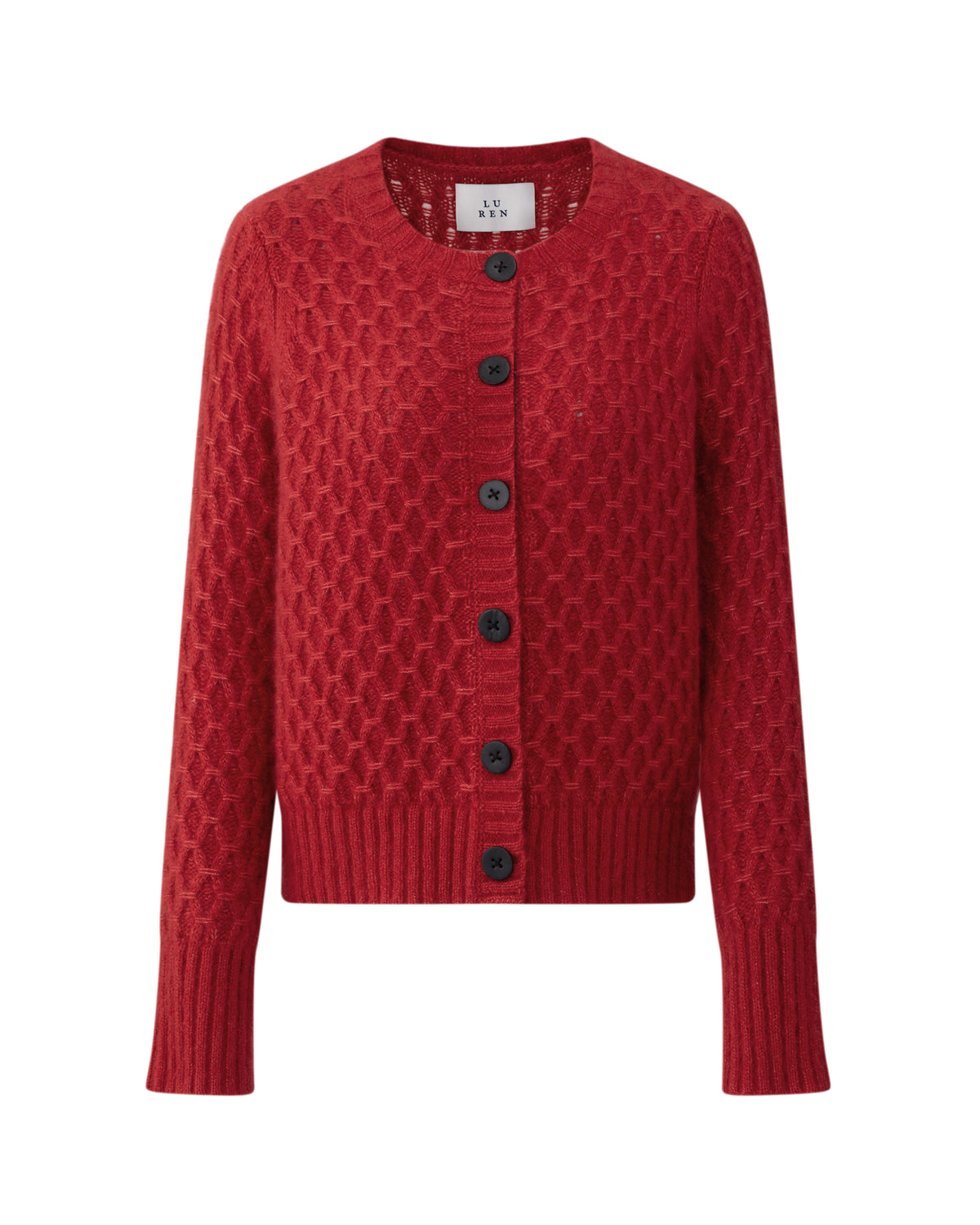 Damen Cardigan aus 75 % Kaschmir und 25 % Seide in Royal Garnet – Cardigan mit grafischem Zopfstrickmuster in mittelschwerer Qualität mit körperbetonter, gerader Passform, Rundhalsausschnitt mit Kragen in Rippstruktur sowie klassischer Schulterform und langen, schmalen Ärmeln. Ärmelbündchen und Saum sind in Rippstruktur gearbeitet. Eine gerippte Knopfleiste mit Knöpfen aus waschbarem Leder rundet das Design stilvoll ab.