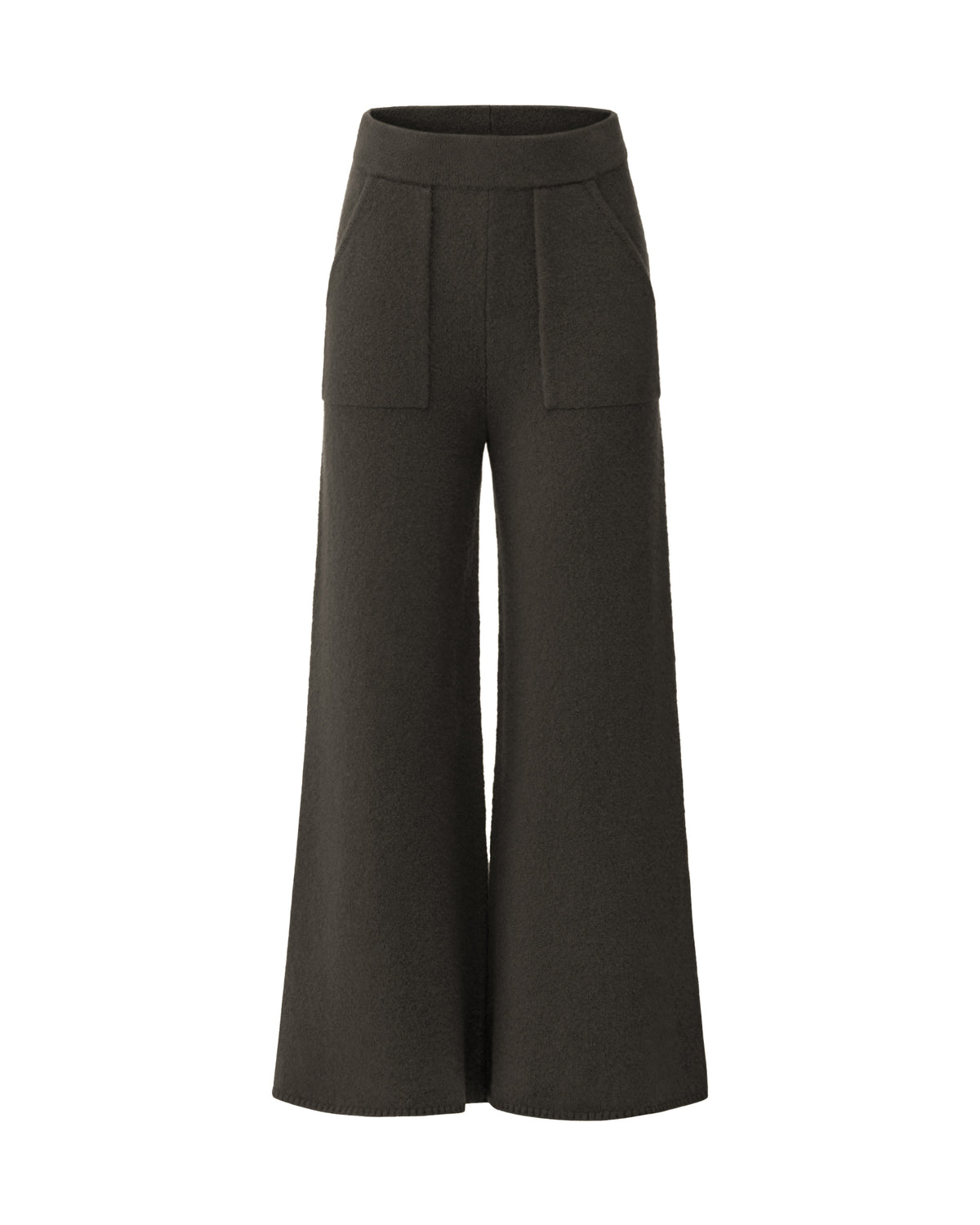 Damen Strickhose aus 80 % Kaschmir, 18 % Polyamid und 2 % Elastan in Black Forest – glatt gestrickte Hose in mittelschwerer Qualität mit gefilzter, besonders elastischer Oberfläche. Das Modell verfügt über einen Bund mit Gummizug, aufgesetzte Taschen sowie ein zum Saum hin ausgestelltes Bein und vereint hohen Tragekomfort mit einer modernen Silhouette.