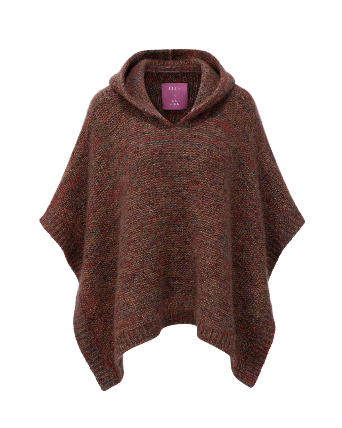 Damen Poncho aus 75% Kaschmir, 25% Seide in Drummond – Mehrfarbig gestrickter Poncho mit Kapuze und Saum in Rippstruktur.