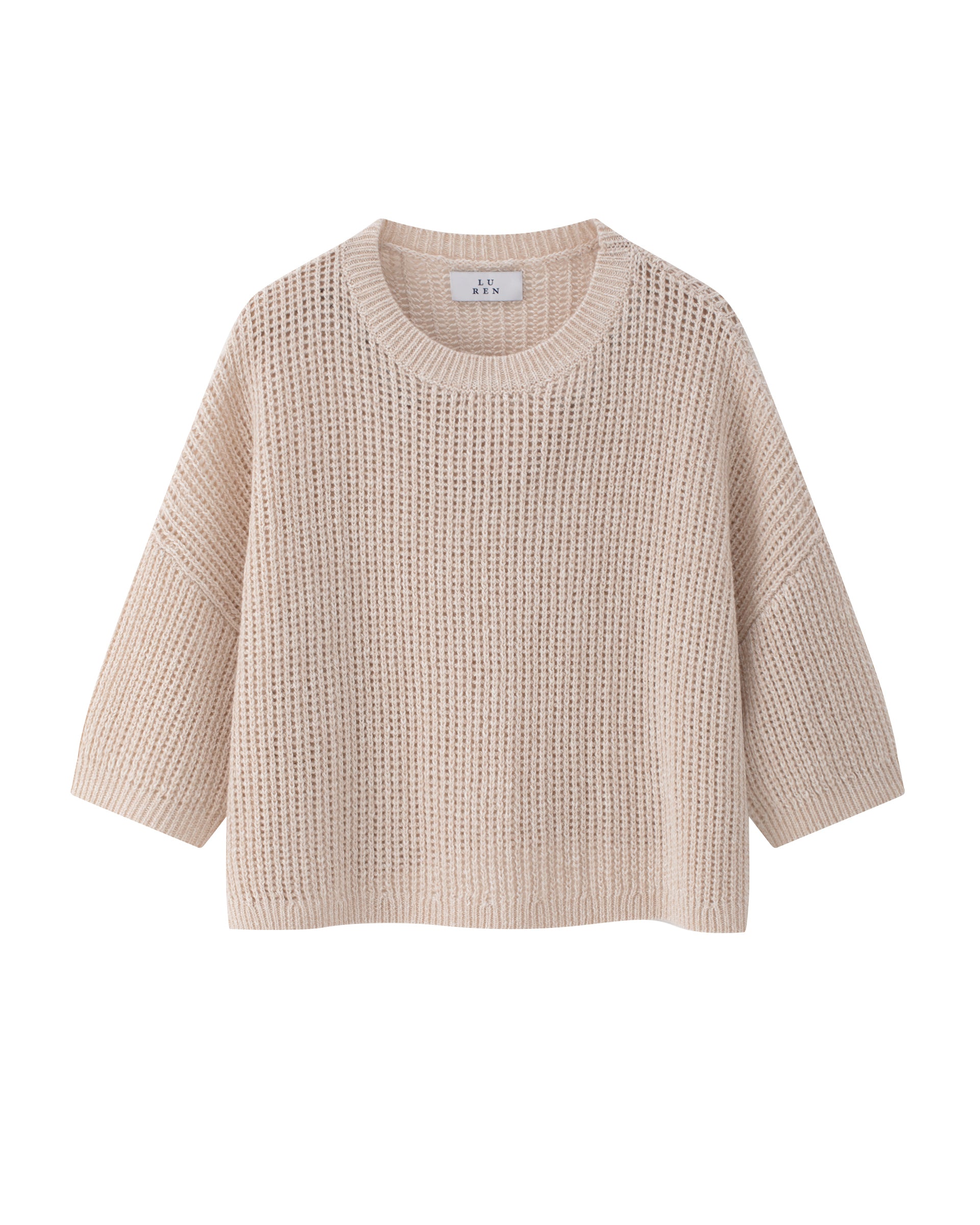 Damen Kurzarm-Pullover aus 63 % Leinen und 37 % Kaschmir in atlas (hellbeige) – mittelschwerer, oversized geschnittener Pullover mit transparentem Lochmuster, großem Rundhalsausschnitt mit Rippkragen, überschnittener Schulter, Halbarm sowie Rippbündchen an Ärmeln und Saum