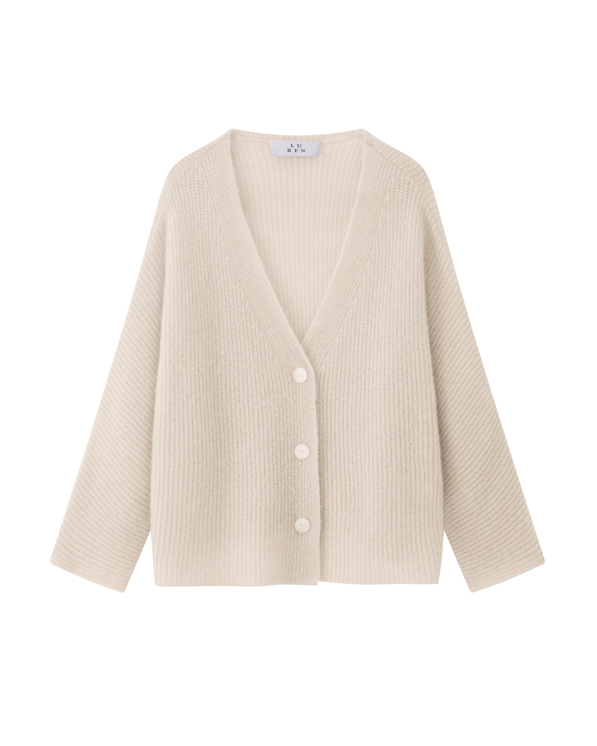 Damen Cardigan aus 75 % Kaschmir und 25 % Seide in lunar (creme) – mittelschwerer Cardigan im Halbpatent-Strick mit oversized Passform, Kunststoff-Knopfleiste sowie langen, weiten Ärmeln