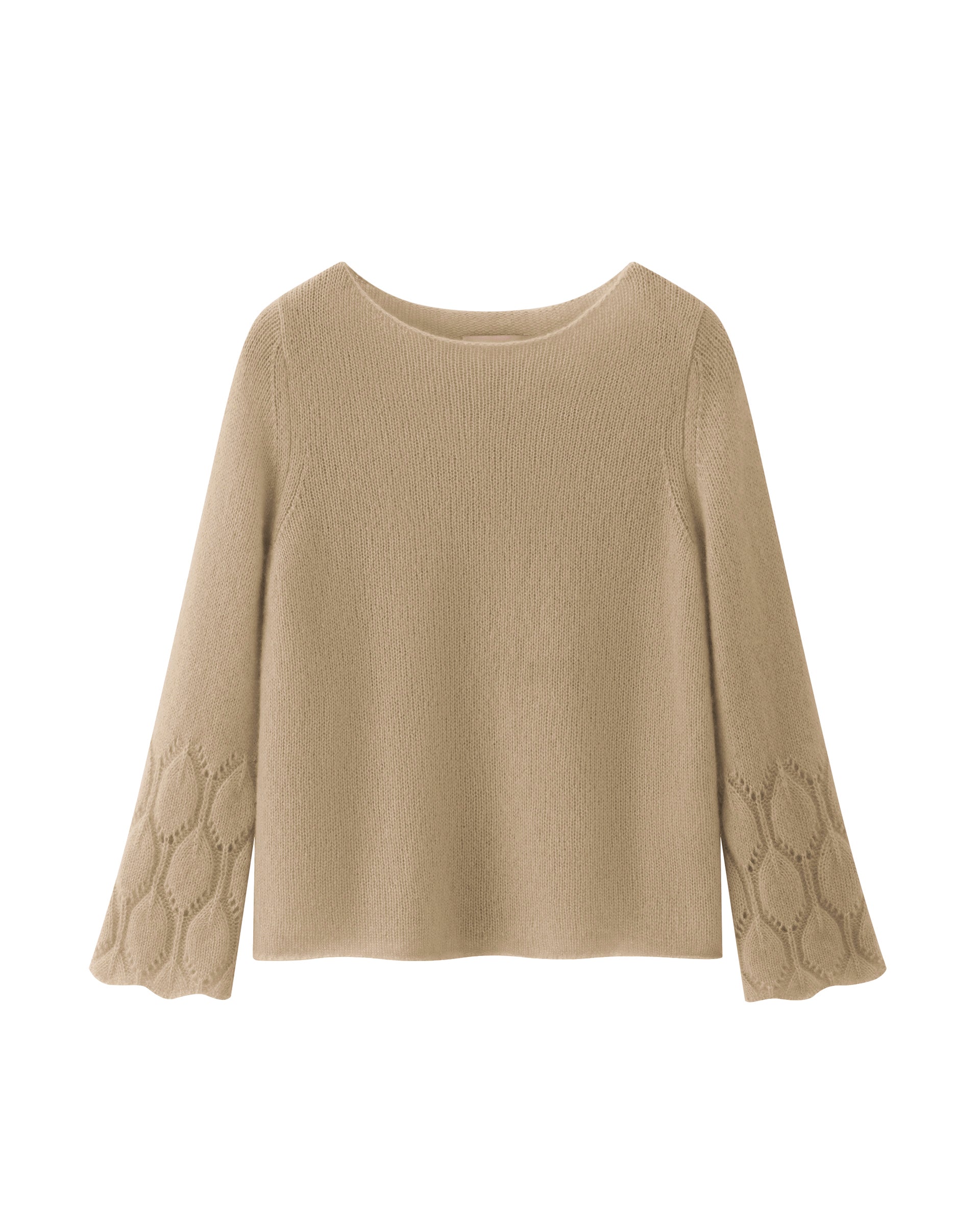 Damen Pullover aus 75 % Kaschmir und 25 % Seide in mokka (beige) – mittelschwerer, glatt gestrickter Pullover mit dekorativem Lochmuster an den Ärmeln, lässig figurbetonter Passform, U-Boot-Ausschnitt, klassischer Schulter sowie langen, schmalen und geraden Ärmeln