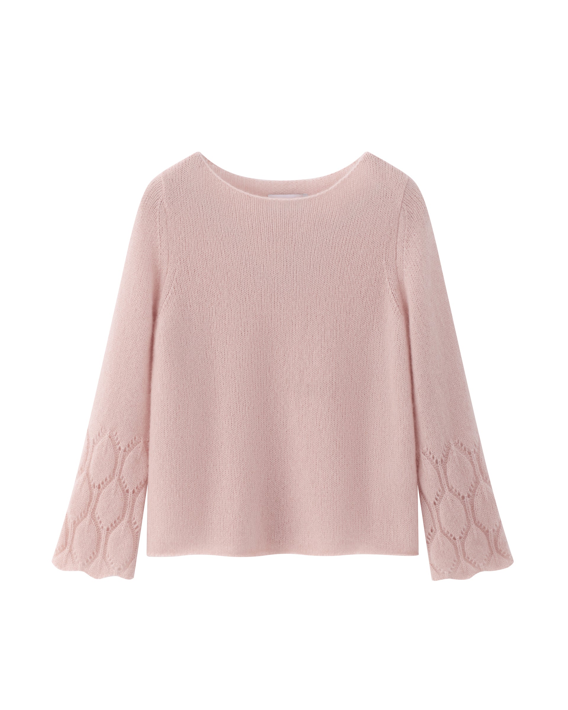 Damen Pullover aus 75 % Kaschmir und 25 % Seide in pinkish grey (rosa) – mittelschwerer, glatt gestrickter Pullover mit dekorativem Lochmuster an den Ärmeln, lässig figurbetonter Passform, U-Boot-Ausschnitt, klassischer Schulter sowie langen, schmalen und geraden Ärmeln