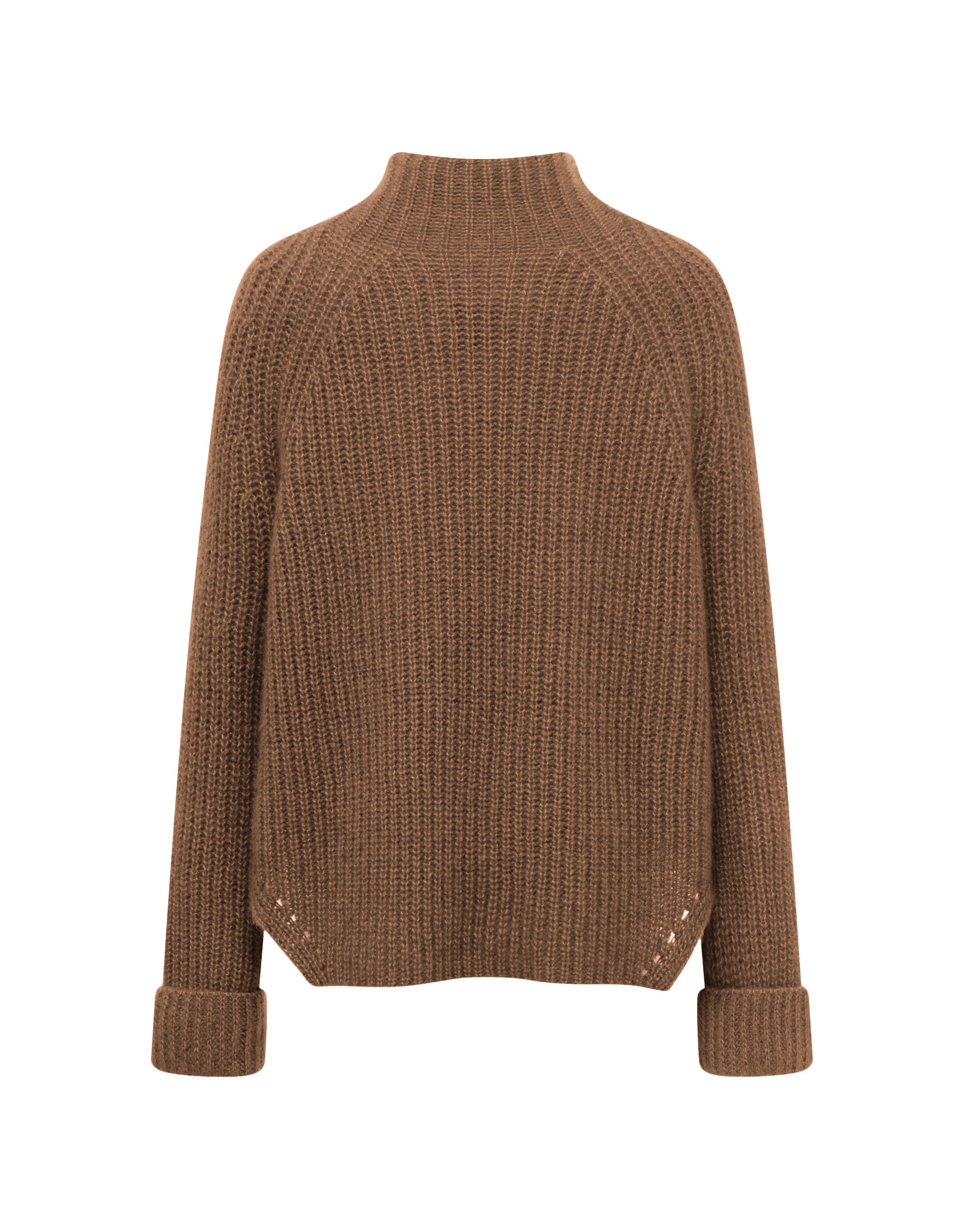 Damen Pullover aus 75 % Kaschmir und 25 % Seide in Vintage Cocoa – Pullover in grober Halbpatent-Strickstruktur mit locker fallender Passform. Der Stehkragen, Raglanärmel sowie die langen, schmalen Ärmel mit umgeschlagenen Bündchen verleihen dem Modell eine moderne Silhouette. Seitliche Schlitze sorgen für zusätzlichen Tragekomfort und runden das zeitlose Design ab.