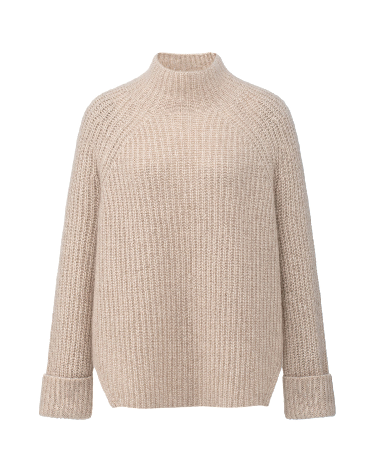 Damen Pullover aus 75 % Kaschmir und 25 % Seide in Wheat – Pullover in grober Halbpatent-Strickstruktur mit locker fallender Passform. Der Stehkragen, Raglanärmel sowie die langen, schmalen Ärmel mit umgeschlagenen Bündchen verleihen dem Modell eine moderne Silhouette. Seitliche Schlitze sorgen für zusätzlichen Tragekomfort und runden das zeitlose Design ab.