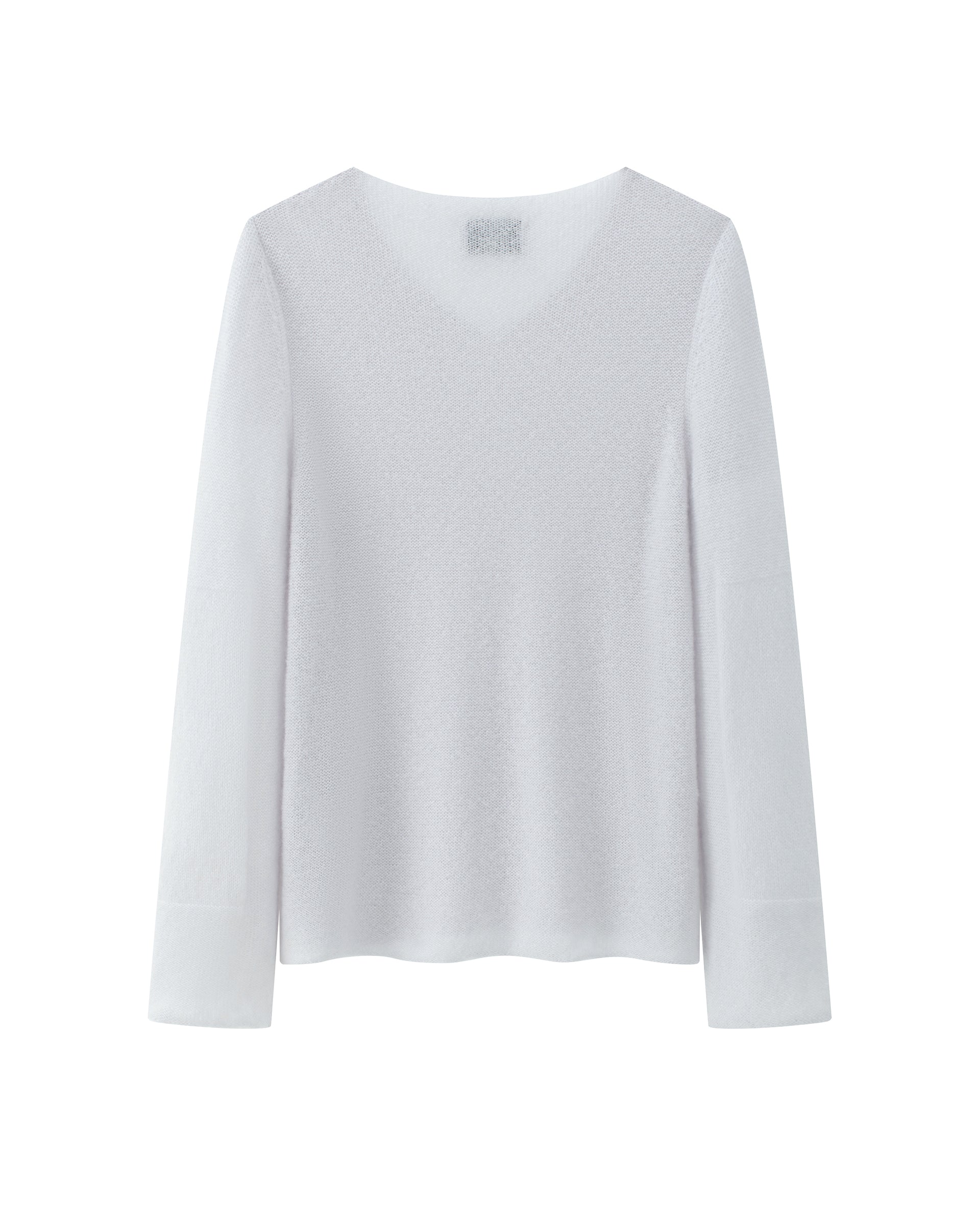 Damen Pullover aus 75 % Kaschmir und 25 % Seide in bluish white (hellblau) – leicht und luftig, links gestrickter Pullover in relaxter, figurbetonter Passform mit V-Ausschnitt, klassischer Schulterform sowie langen, schmalen Ärmeln mit dekorativ eingestrickten Ellenbogen-Patches