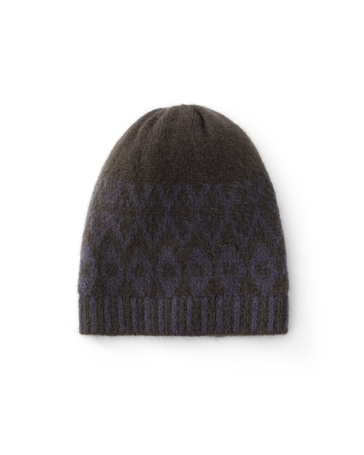 Mütze aus 75% Kaschmir, 25% Seide in Forest Grey – Zweifarbig gestrickte Mütze mit geometrischem Jacquardmuster, geripptem Umschlag mit vertikaler Struktur und abgerundeter Form.
