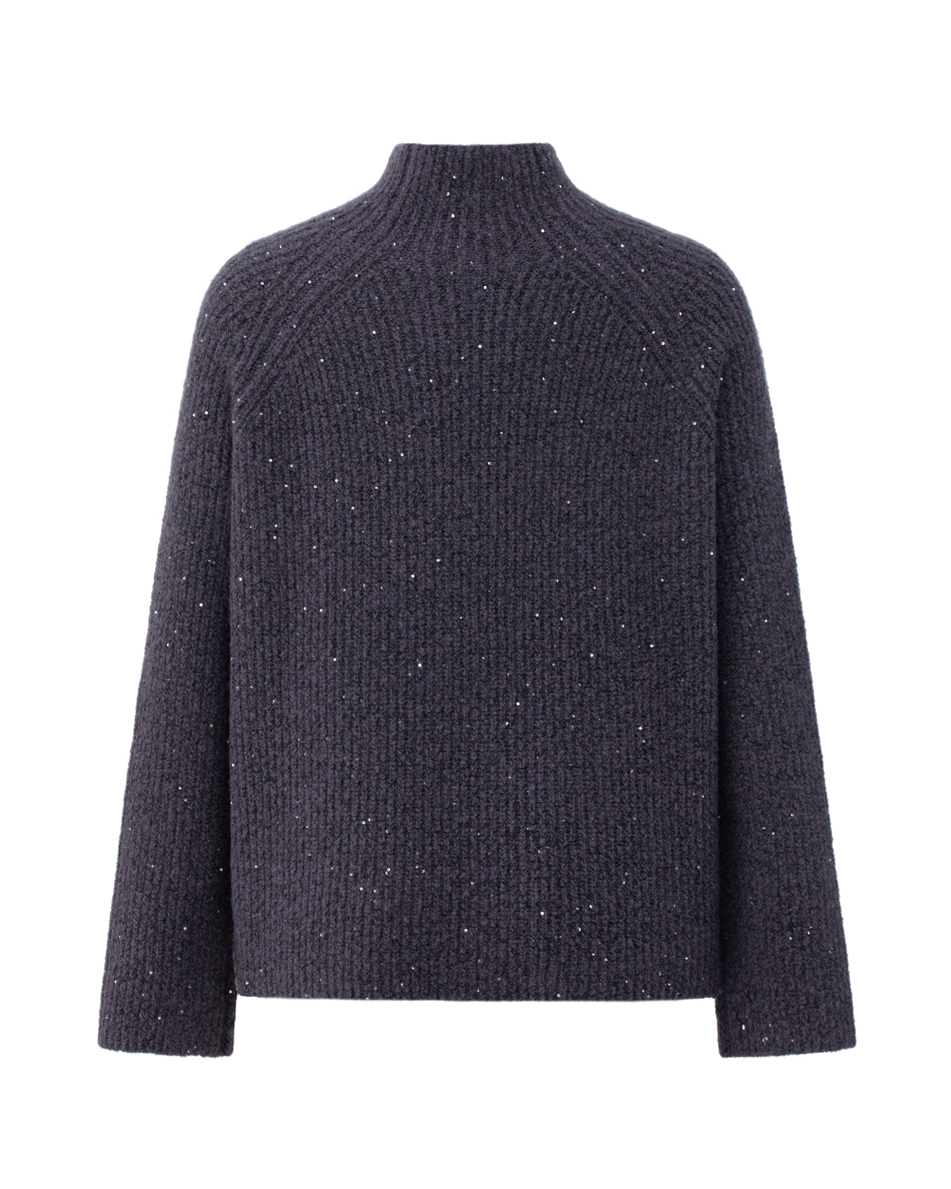 Damen Pullover aus 56 % Kaschmir, 28 % Baumwolle, 12 % Polyamid, 2 % Elastan und 2 % Pailletten in Graphite Grey – Pullover in Halbpatent-Strickstruktur und grober Strickqualität mit locker fallender Passform, Stehkragen, Raglanärmeln sowie langen, schmalen Ärmeln. Schlitze an den Seiten und dezent eingearbeitete Pailletten verleihen dem Modell eine moderne, elegante Ausstrahlung.